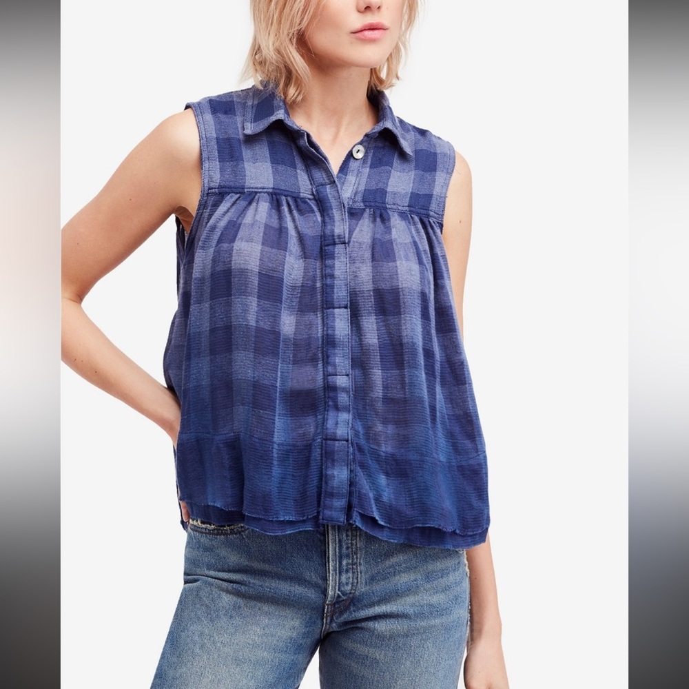 Free People size small Hello Sunrise Navy Checkered Blouse